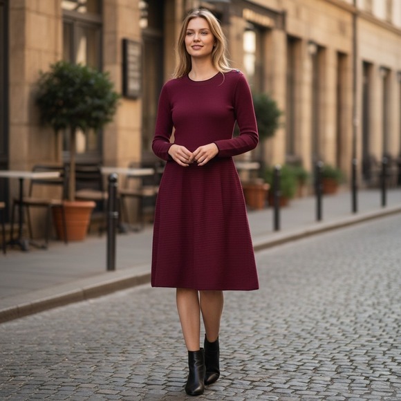 Banana Republic Dresses & Skirts - Banana Republic Petite S Burgundy Ribbed Fit & Flare Sweater Dress Button Detail